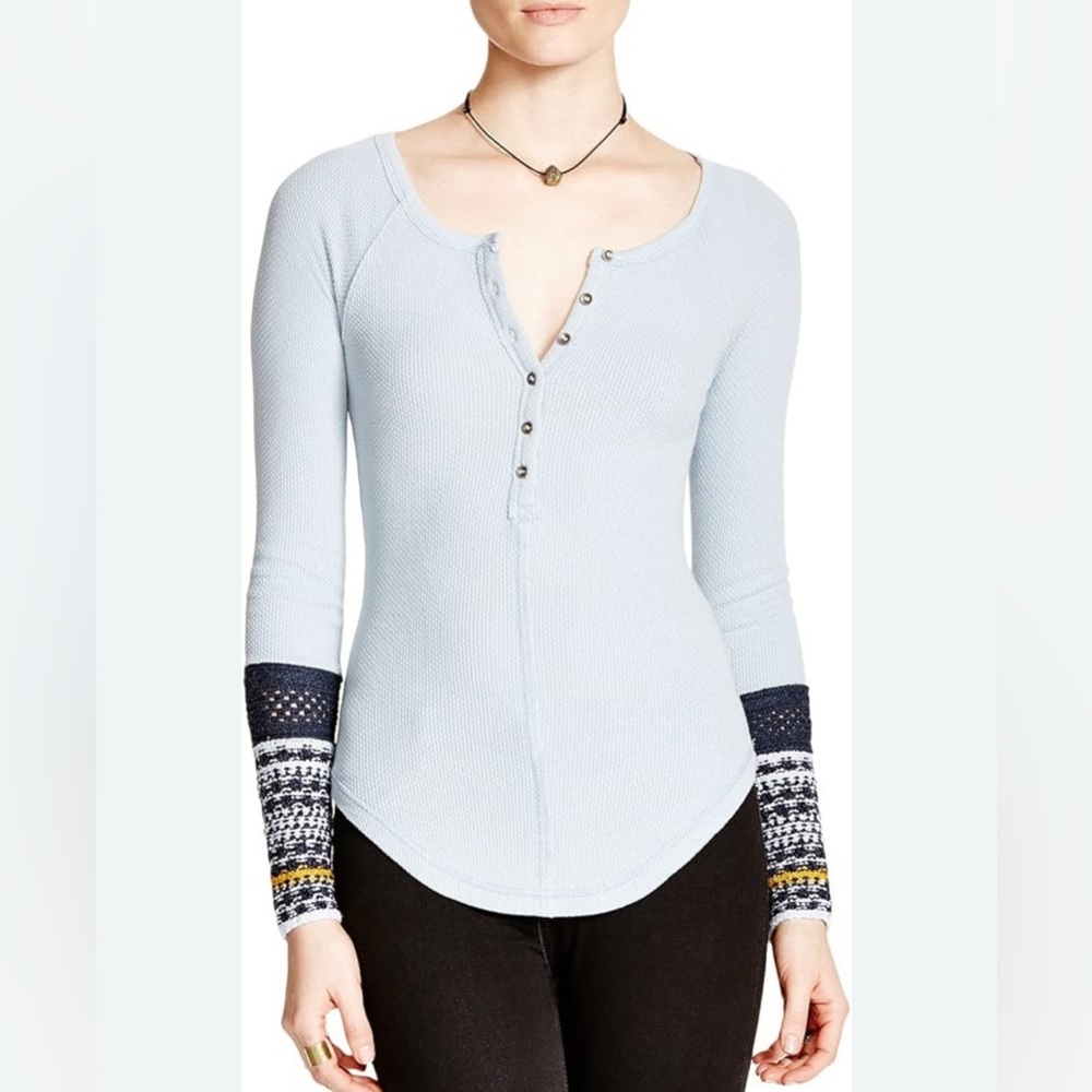 Free People Light Blue Henley Thermal Top with Patterned Cuffs